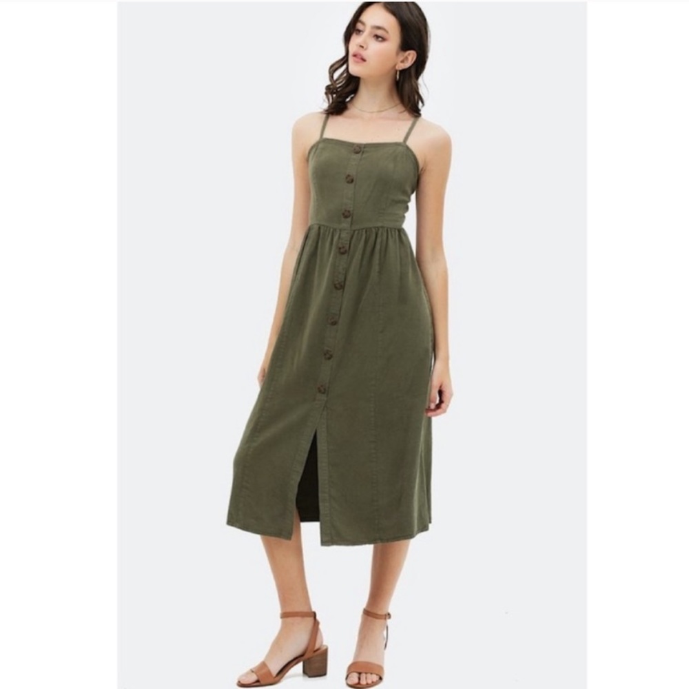 Olive / Army Green Button Down Dress - Picture 2 of 5